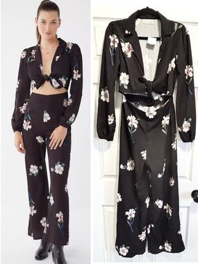 NWT URBAN OUTFITTERS UO Black Floral Tie Front Wide Leg Jumpsuit Size Small NEW